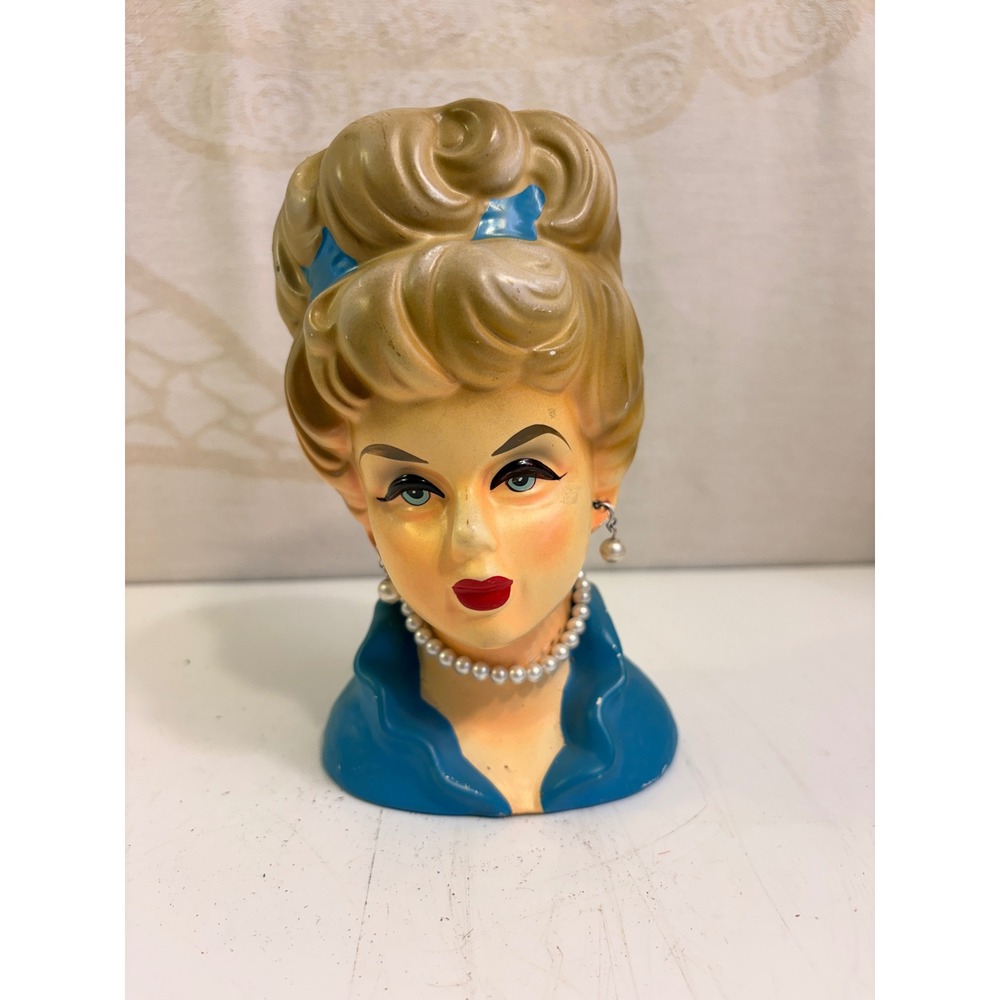 Vintage Rubens Originalsh Lady Head Vase Blonde Blue Bows Pearl Jewelry Japan 50